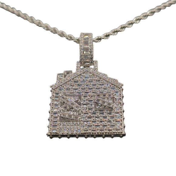 14K White Gold Finish Baguette CZ Trap House - Free 24" x 3mm Rope Chain. - Picture 2 of 9